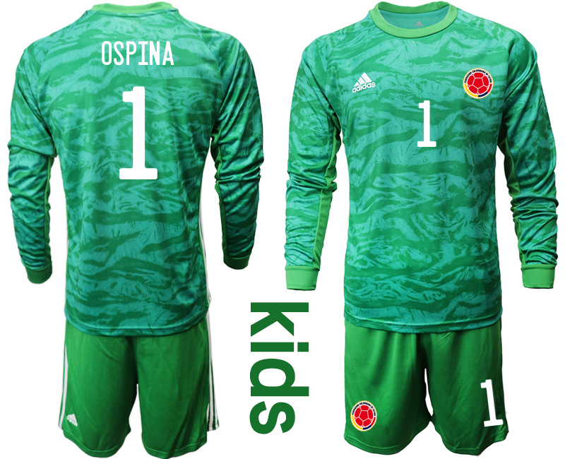 Youth 2020-2021 Season National team Colombia goalkeeper Long sleeve green #1 Soccer Jersey